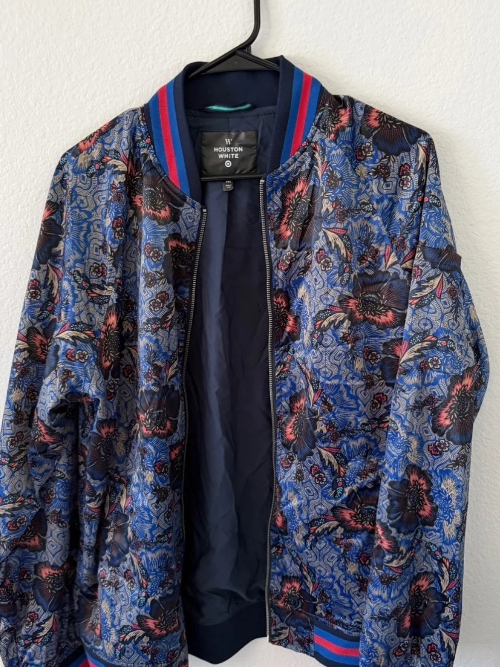 Houston White Blue Floral Bomber Jacket with Red Accents